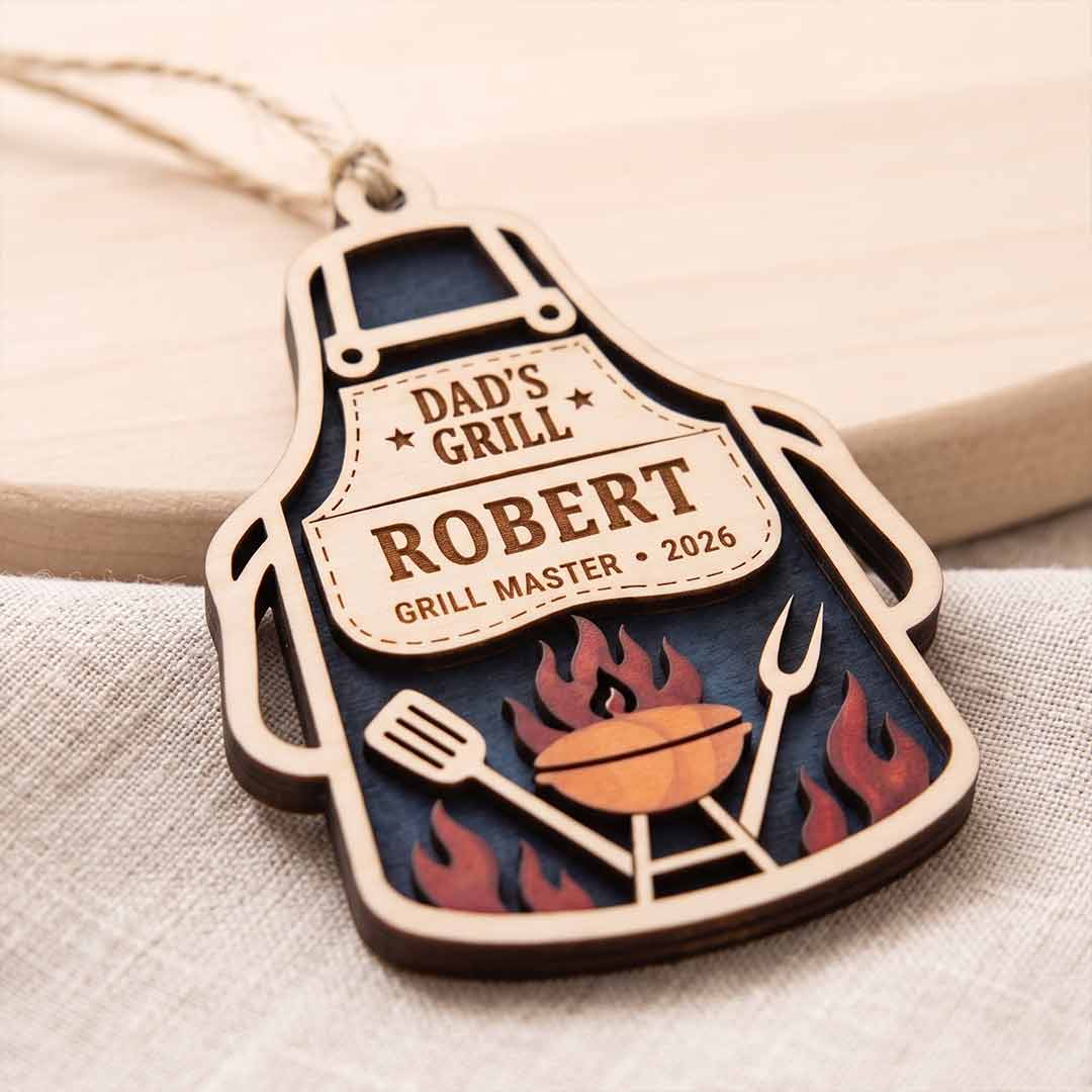 Dad's Grill Apron Flame BBQ Personalized Custom Name Date Family 2-Layer Wooden Christmas Ornament BBQ Grill Master Gift for Dad