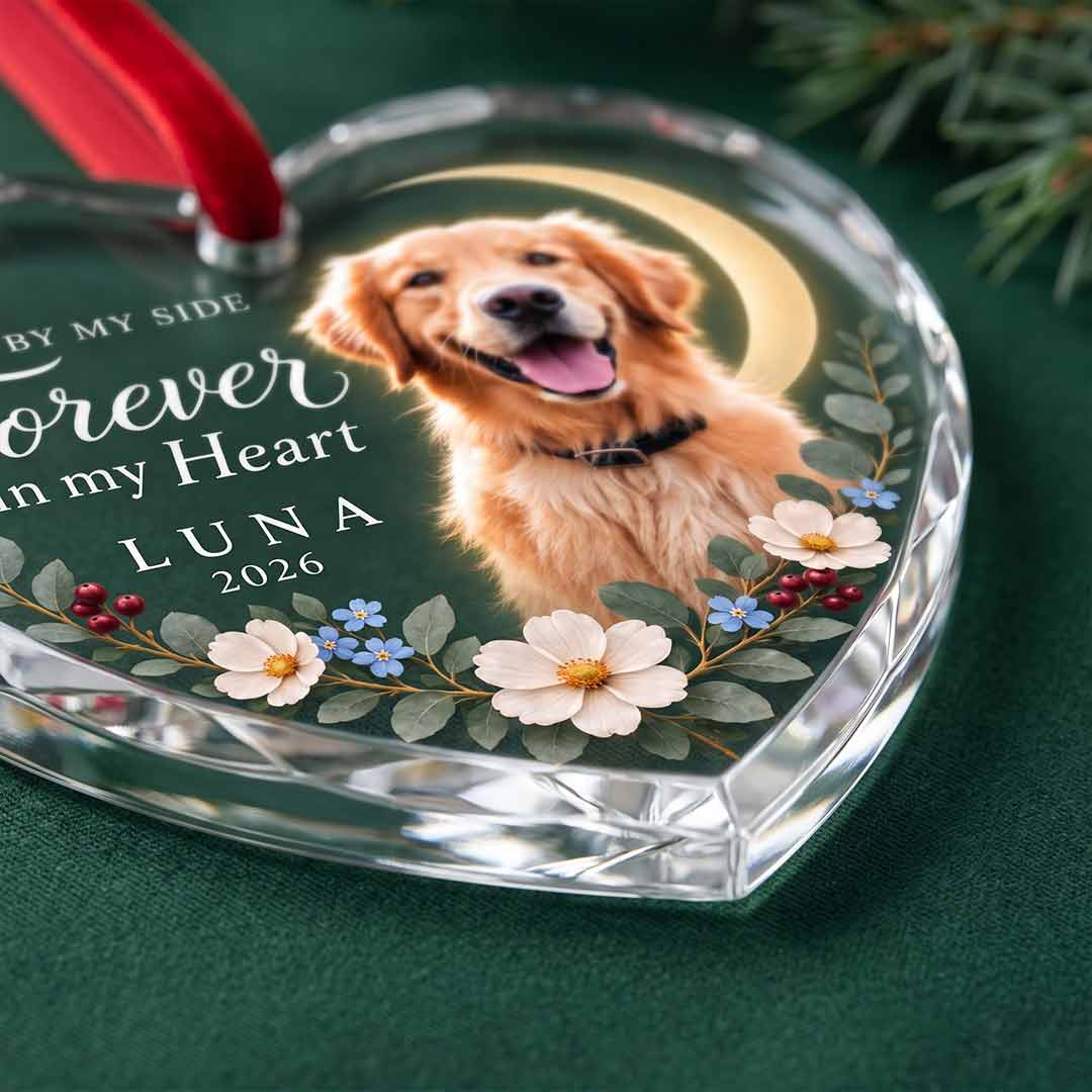 Pet Memorial Crescent Moon Floral Personalized Pet Custom Name Date Photo Pet Loss Gift Heart Glass Christmas Ornament