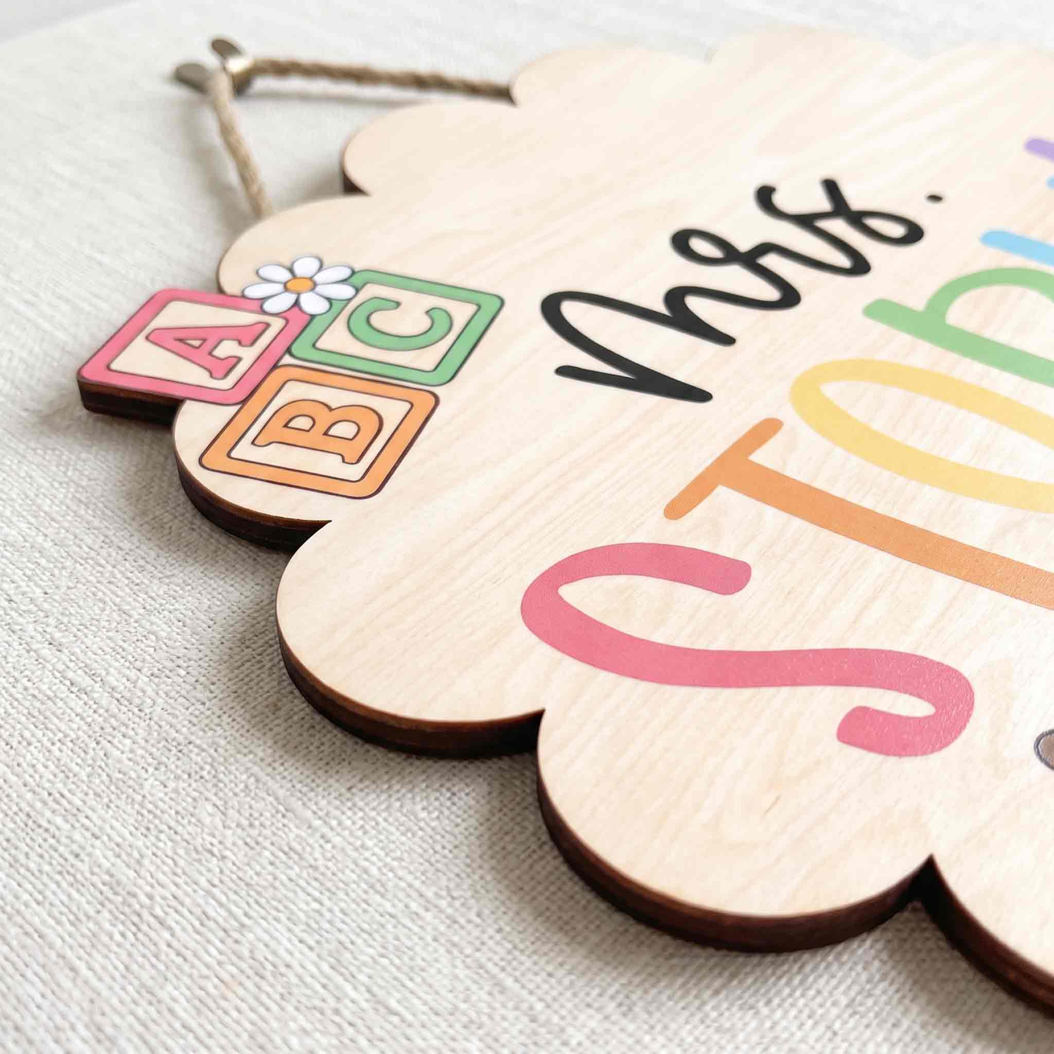 Personalized Elementary Teacher Classroom Door Hanger, ABC Blocks Wooden Welcome Sign