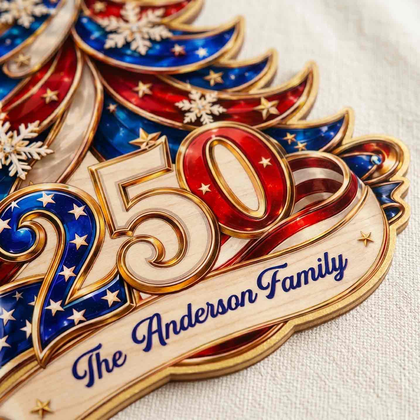 Personalized Family Name America 250th Anniversary Patriotic Christmas Tree Wooden Sign