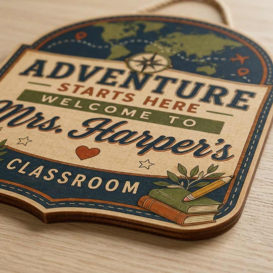 Personalized Teacher Name Wooden Sign Door Hanger Adventure Stars Here Classroom Sign Wooden Classroom Decor, Back to School Sign