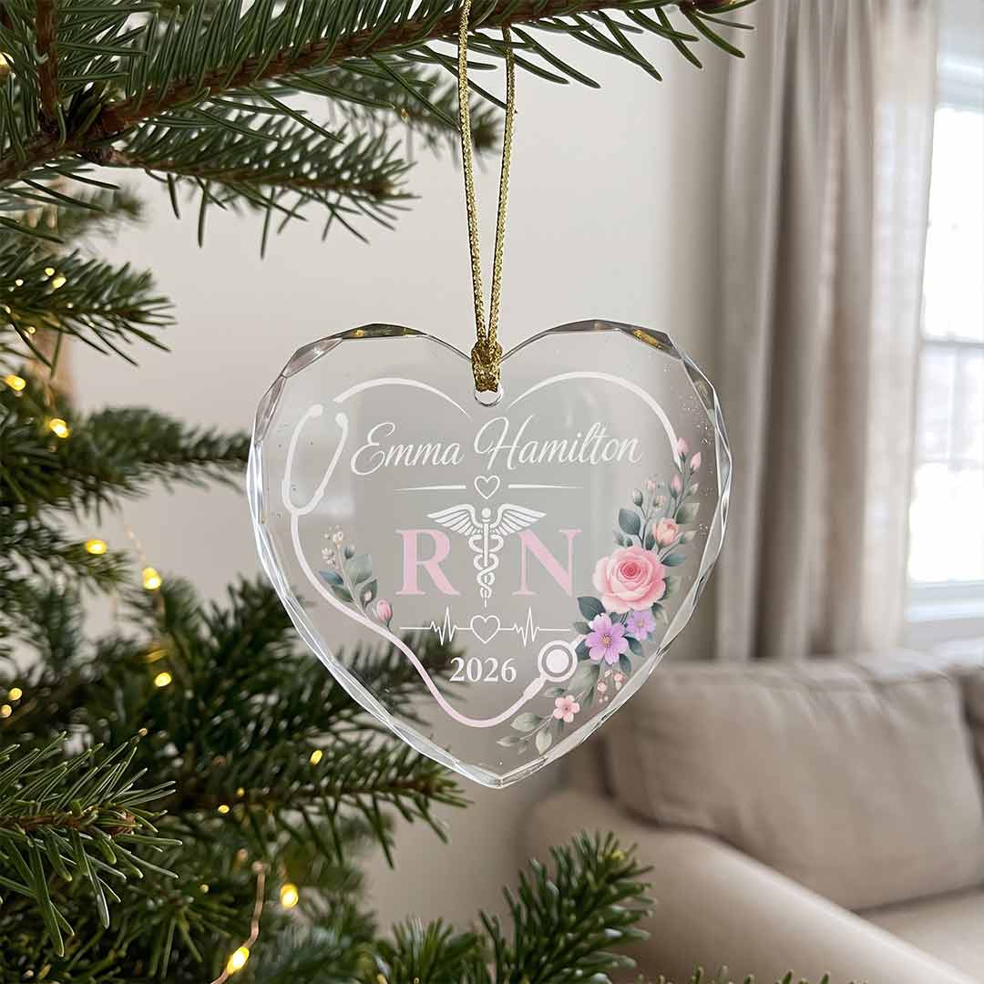 Floral RN Nurse Personalized Nurse Custom Name Date Nurse Appreciation Gift Heart Glass Christmas Ornament