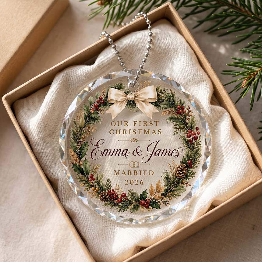 Our First Christmas Evergreen Wreath Custom Names Date First Married Christmas Round Glass Christmas Ornament
