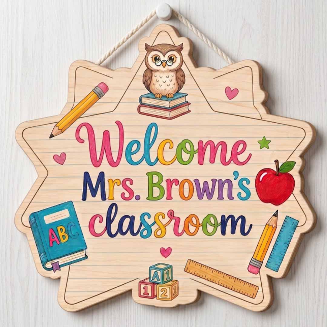 Personalized Teacher Name Wooden Sign Door Hanger Welcome Classroom Star Wooden Classroom Decor, Back to School Sign
