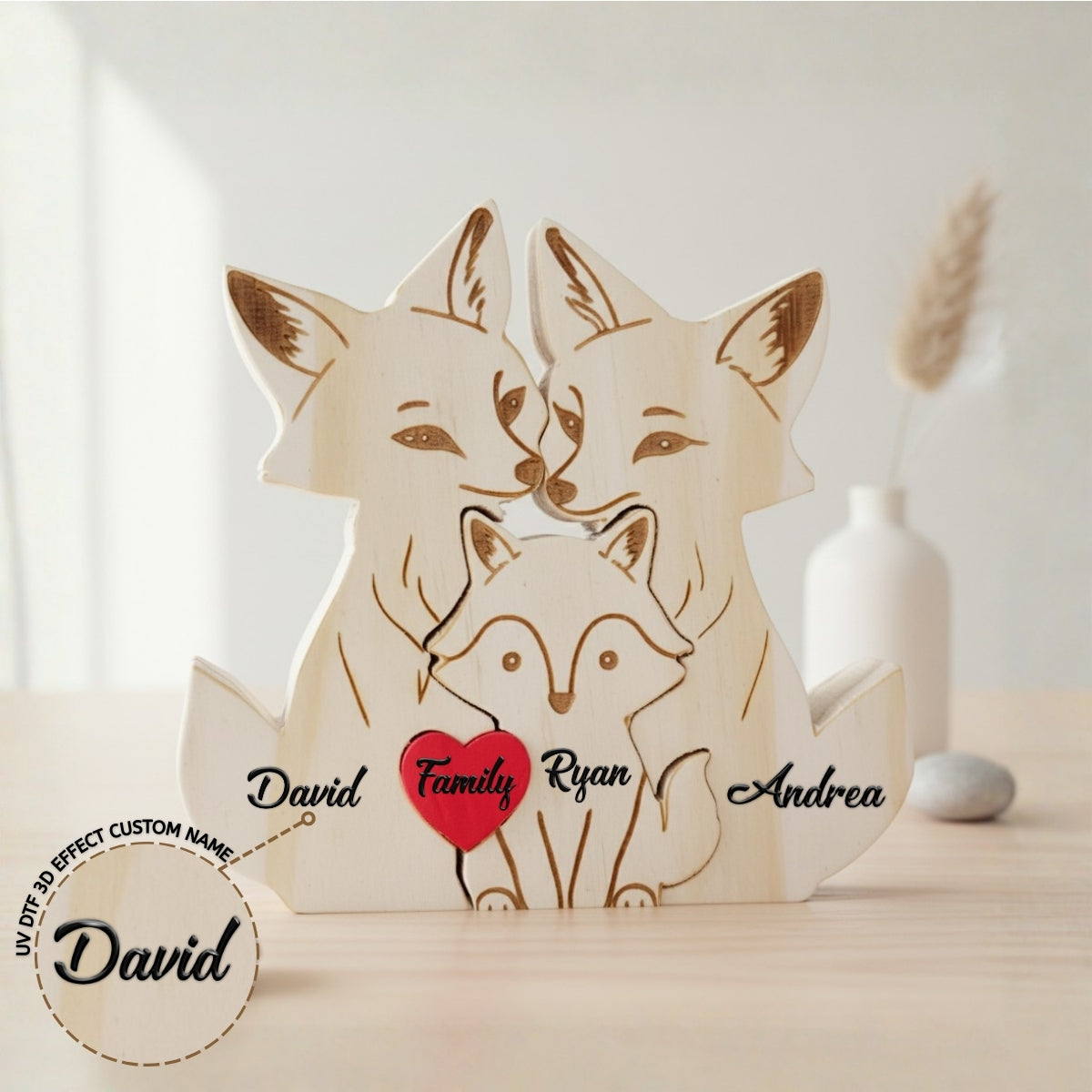 Personalized Fox 3 Pieces Family Edition Custom Wooden Puzzle