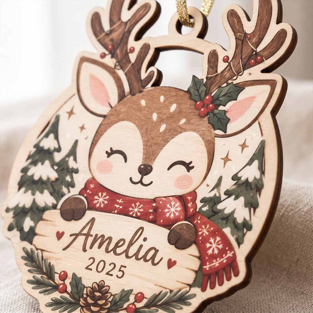 Cute Christmas Reindeer Kids Keepsake Personalized Custom Name Date NewBorn 1-Layer Wooden Christmas Ornament for Children Gift