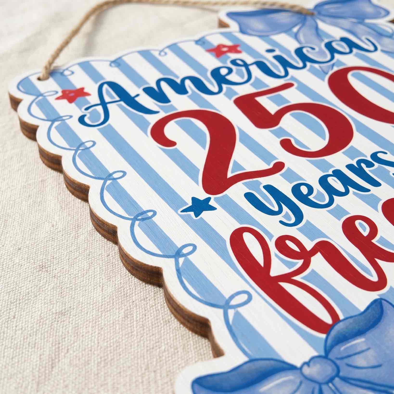 America 250 Years of Freedom Coquette Blue Bow Patriotic Wooden Sign