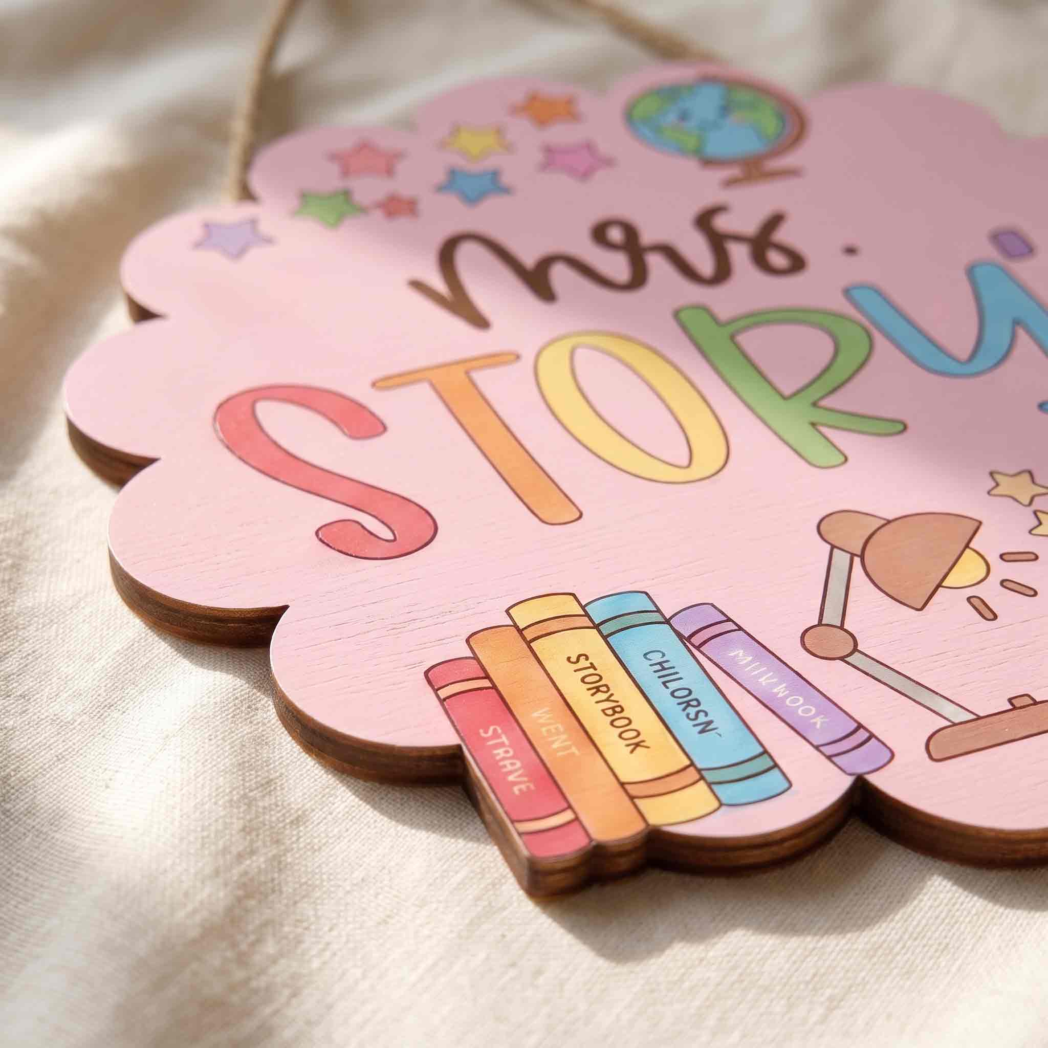 Personalized Pink Classroom Teacher Door Hanger Wooden Sign, Custom Teacher Name Welcome Sign