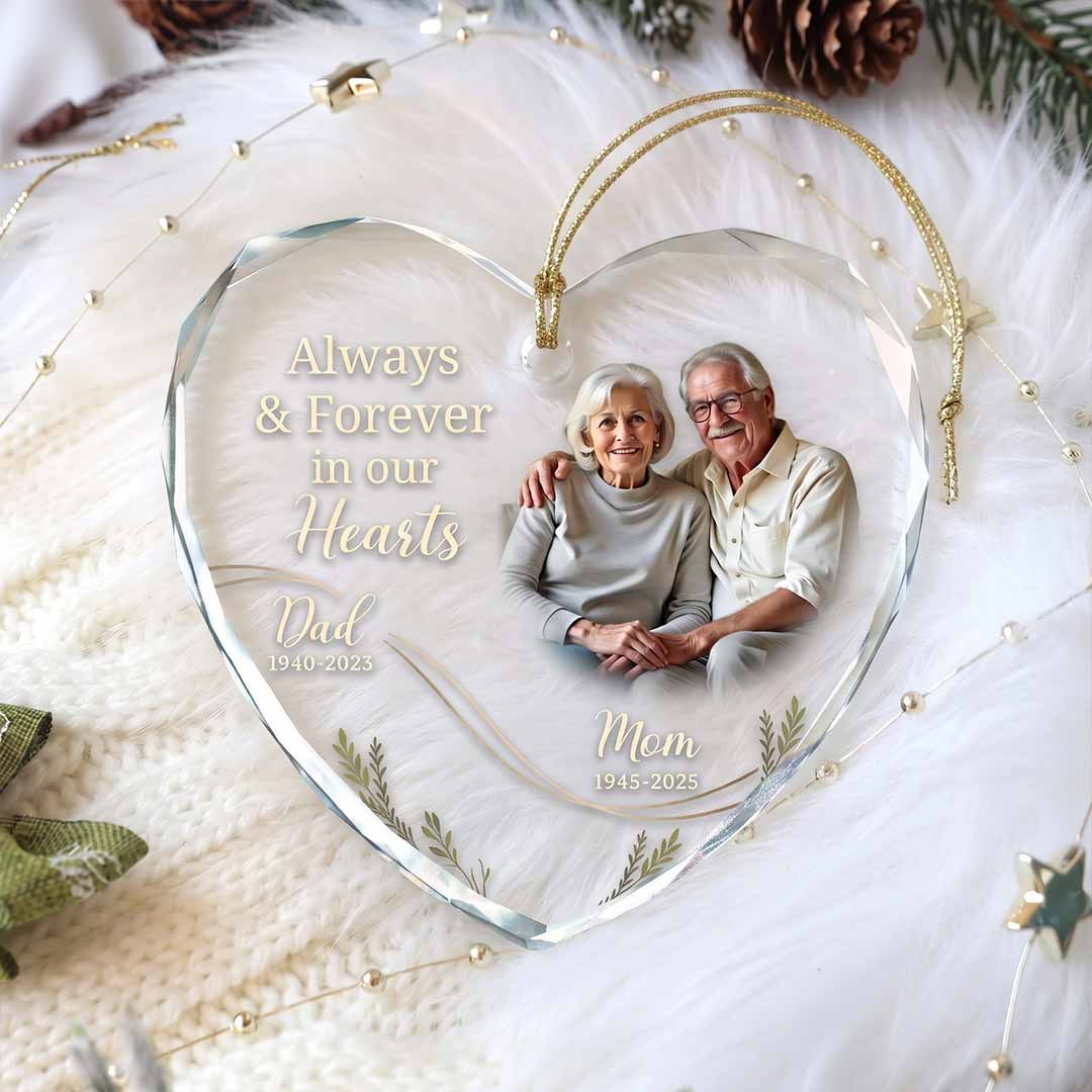 Always And Forever In Our Hearts Dad And Mooriam Tribute Personalized Memorial Custom Name Date Photo Heart Glass Ornament
