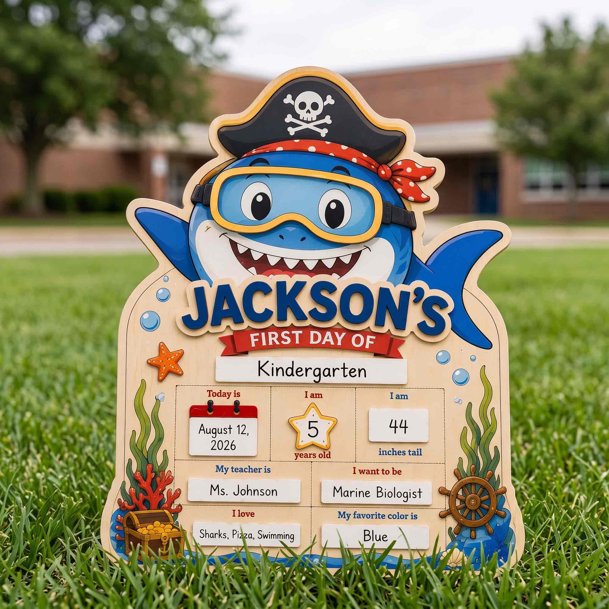 Personalized Cartoon Shark Theme First & Last Day School Sign, Reusable Dry Erase Board, Back to School Sign