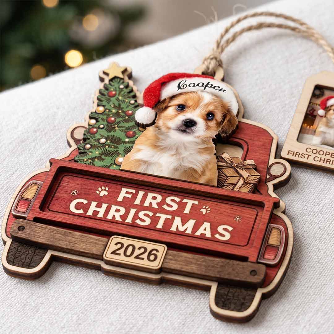 Pet First Christmas Santa Truck Personalized Custom Name Date Photo Dog 2-Layer Wooden Christmas Ornament First Christmas Gift for Dog Lover