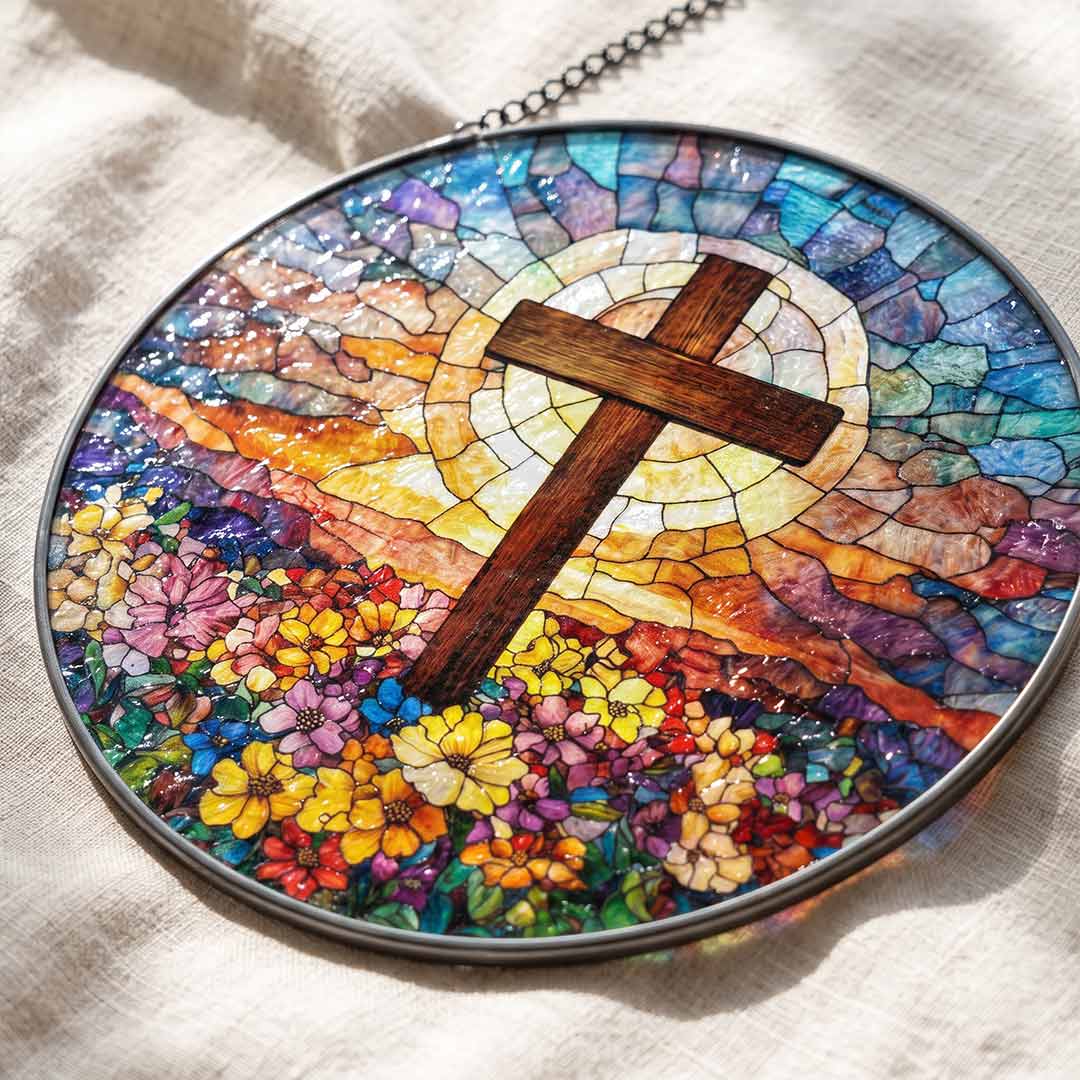 Floral Cross Faith Hope Spiritual Inspiration Nativity Stained Glass Suncatcher Christmas Ornament