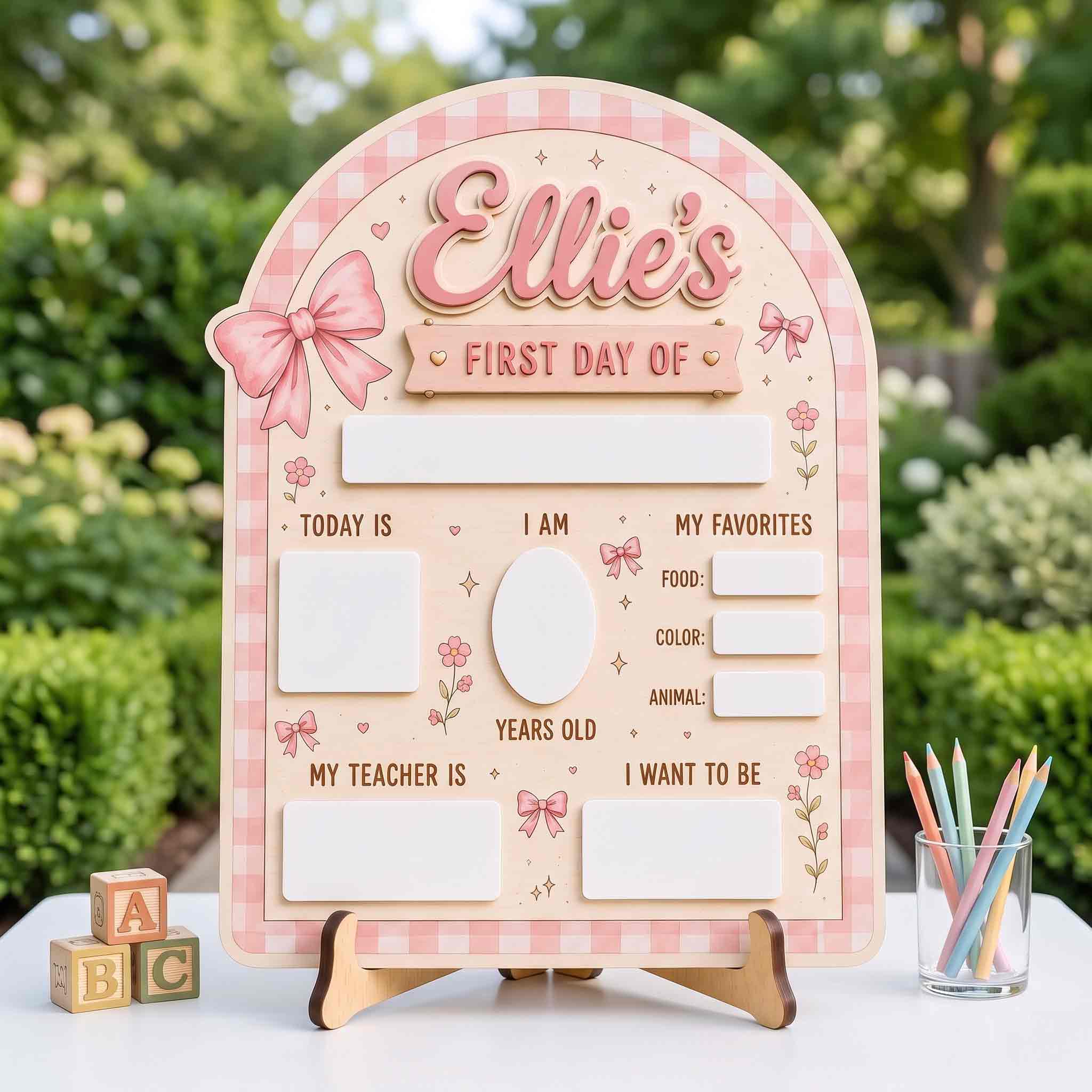 Personalized Pink Gingham Style First & Last Day School Sign, Reusable Dry Erase Board, Back to School Sign