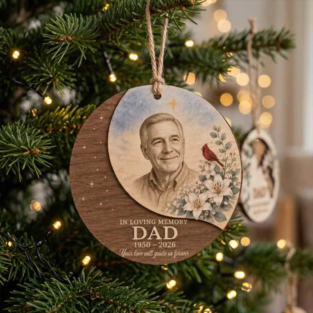 In Loving Memory Dad Beach Sunset Personalized Custom Name Date Memorial 2-Layer Wooden Christmas Ornament Memorial Keepsake for Loss of Dad
