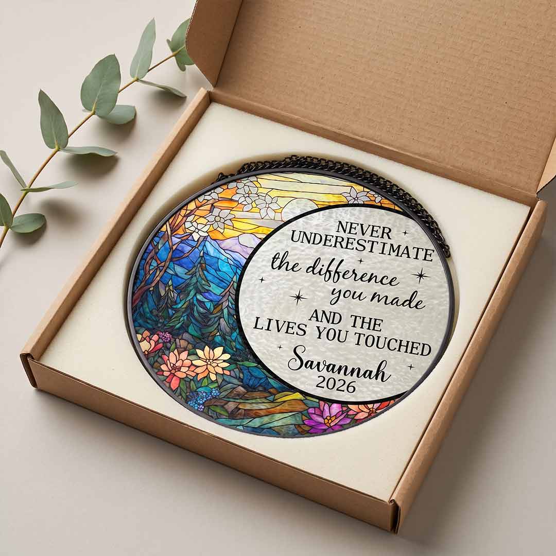 Never Underestimate The Difference You Made Retirement Personalized Custom Name Date Retirement Stained Glass Suncatcher Ornament for Retirement Gift