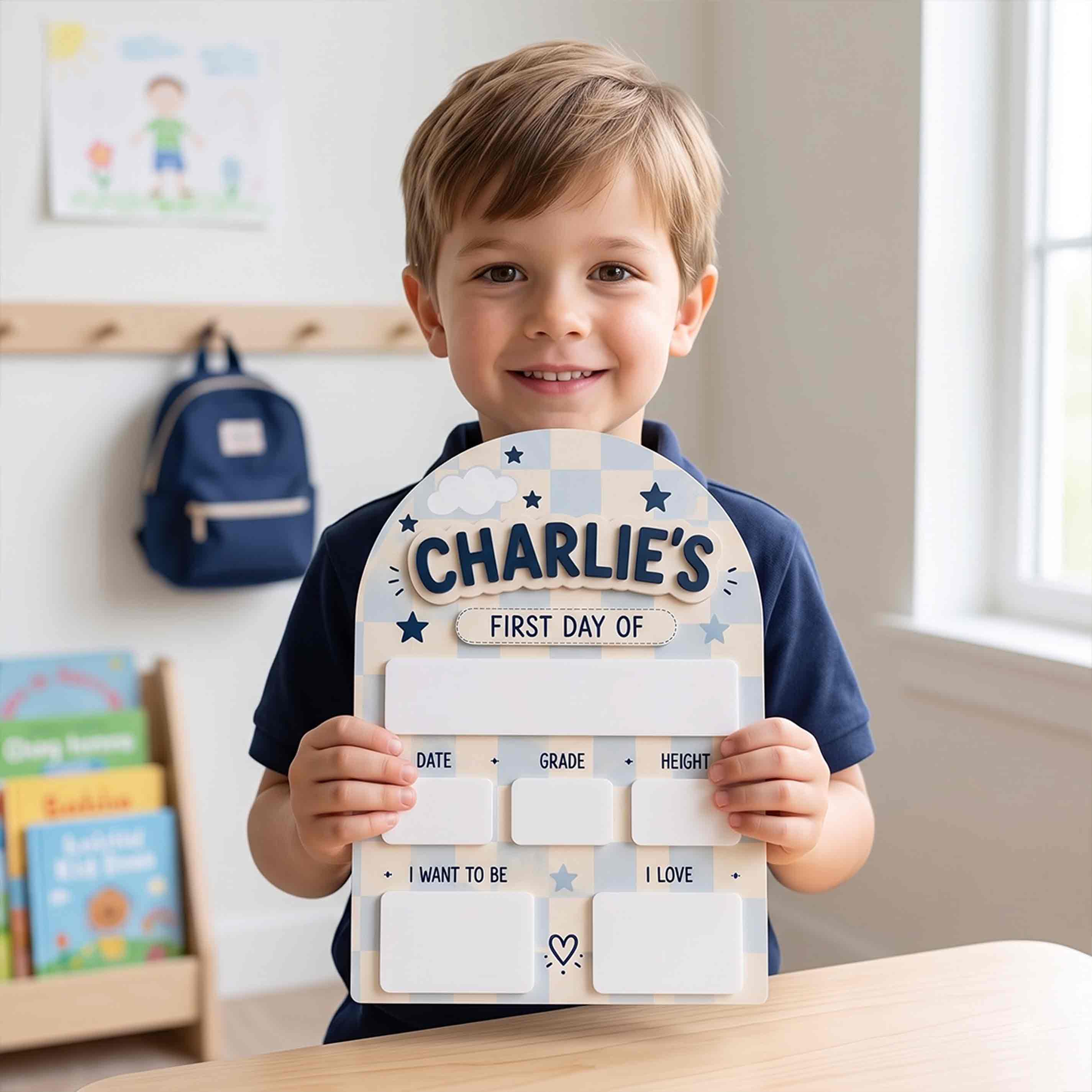 Personalized Pastel Blue Gingham First & Last Day School Sign, Reusable Dry Erase Board, Back to School Sign