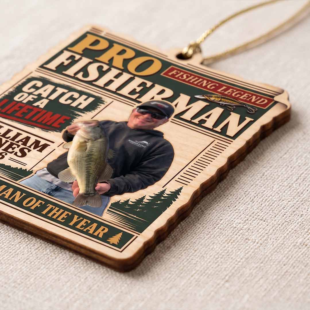 Fisherman Magazine Cover Fishing Keepsake Personalized Custom Name Date Photo Fishing 1-Layer Wooden Christmas Ornament for Dad Fishing Lovers Gift