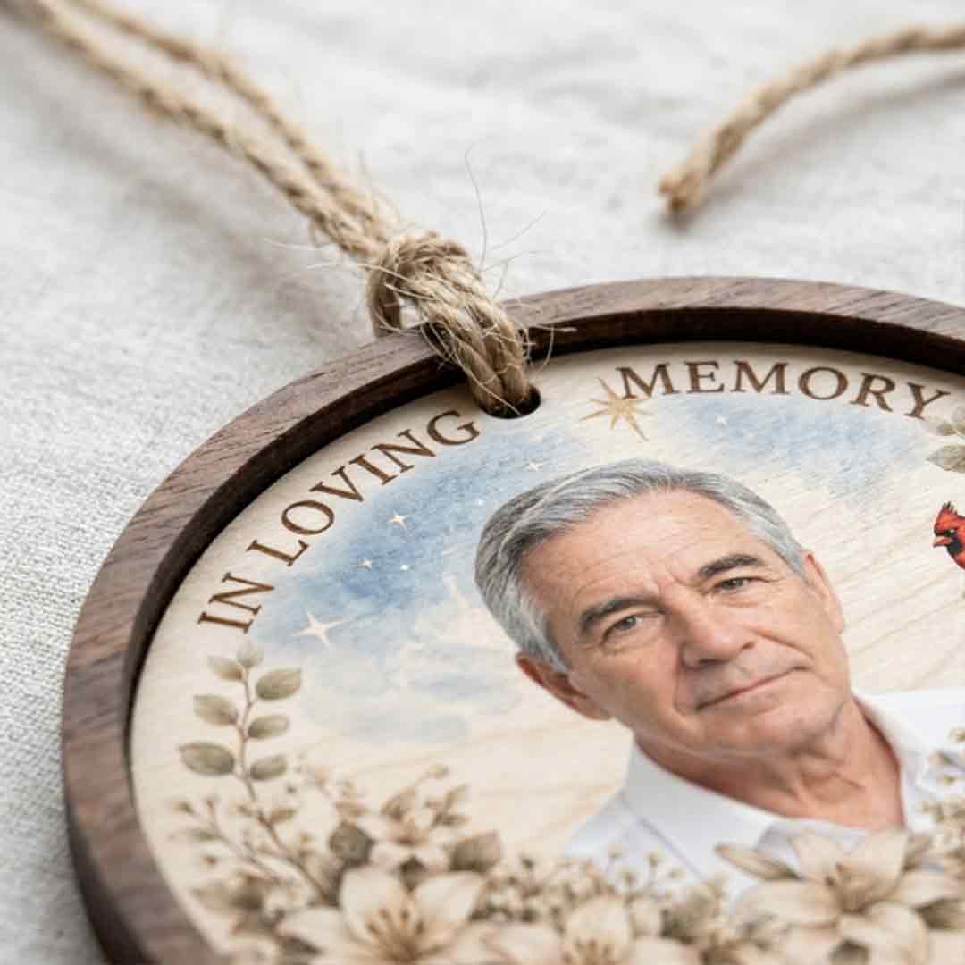 In Loving Memory Dad Floral Portrait Personalized Custom Name Date Photo Memorial 2-Layer Wooden Christmas Ornament Memorial Gift for Loss of Dad