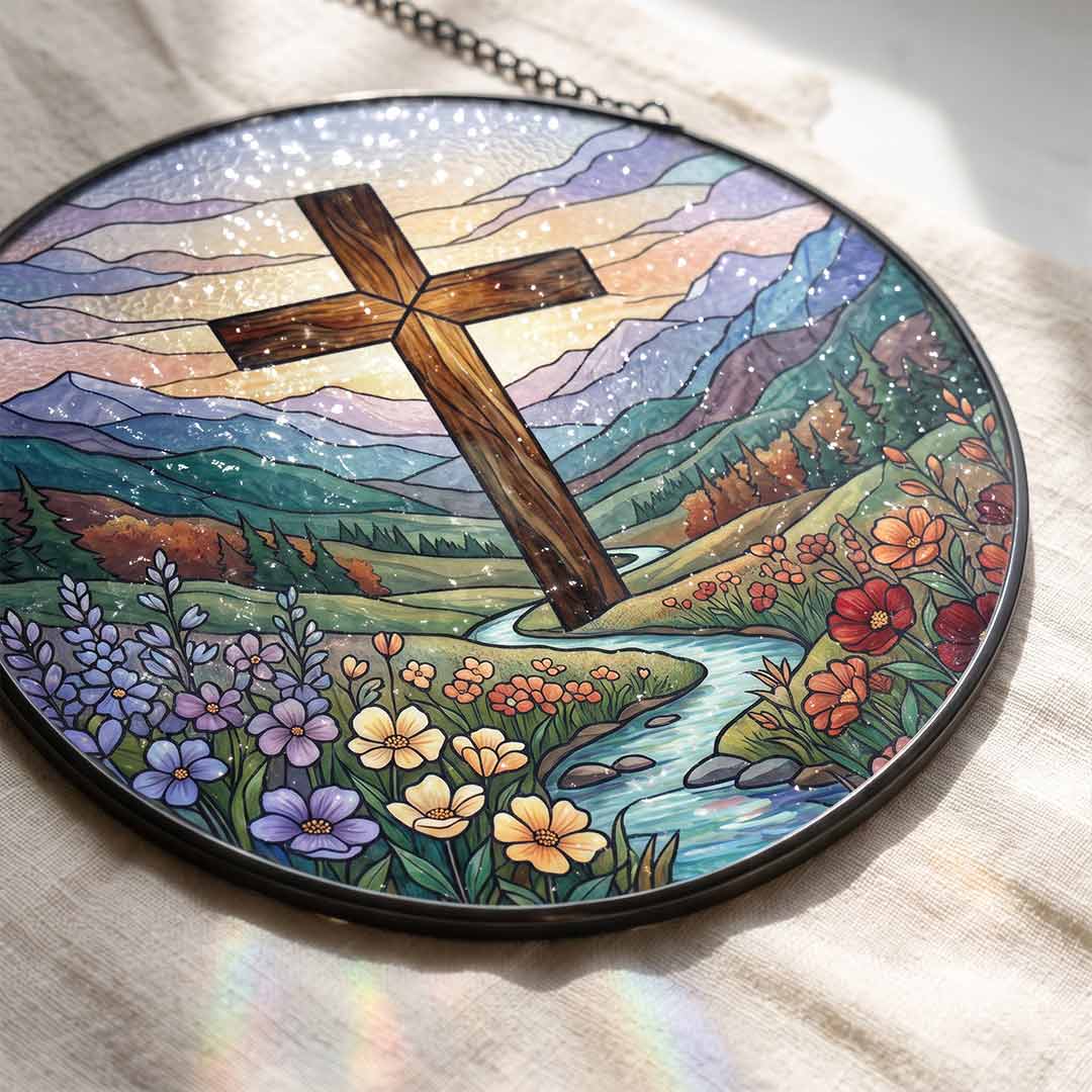 Mountain Cross Wildflower Landscape Faith Hope Spiritual Nativity Stained Glass Suncatcher Christmas Ornament