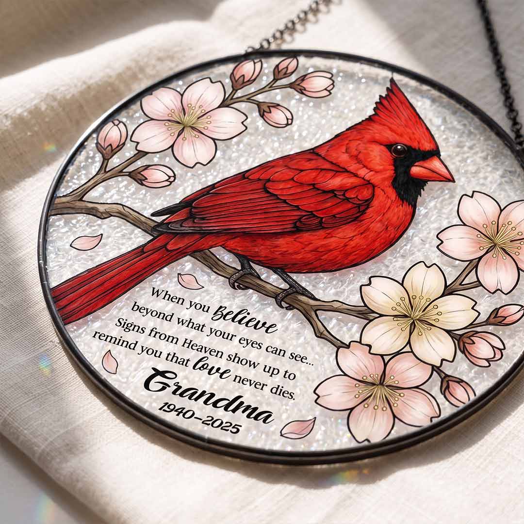 Grandma Memorial Cardinal Personalized Custom Name Date Loved One Memorial Keepsake Stained Glass Suncatcher Ornament for Loss of Grandma