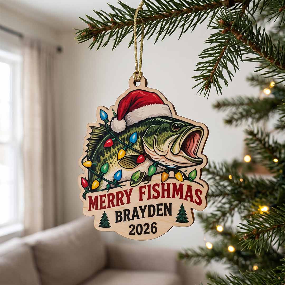 Merry Fishmas Christmas Lights Fisherman Holiday Keepsake Personalized Custom Name Date Fishing 1-Layer Wooden Christmas Ornament for Fishing Lovers