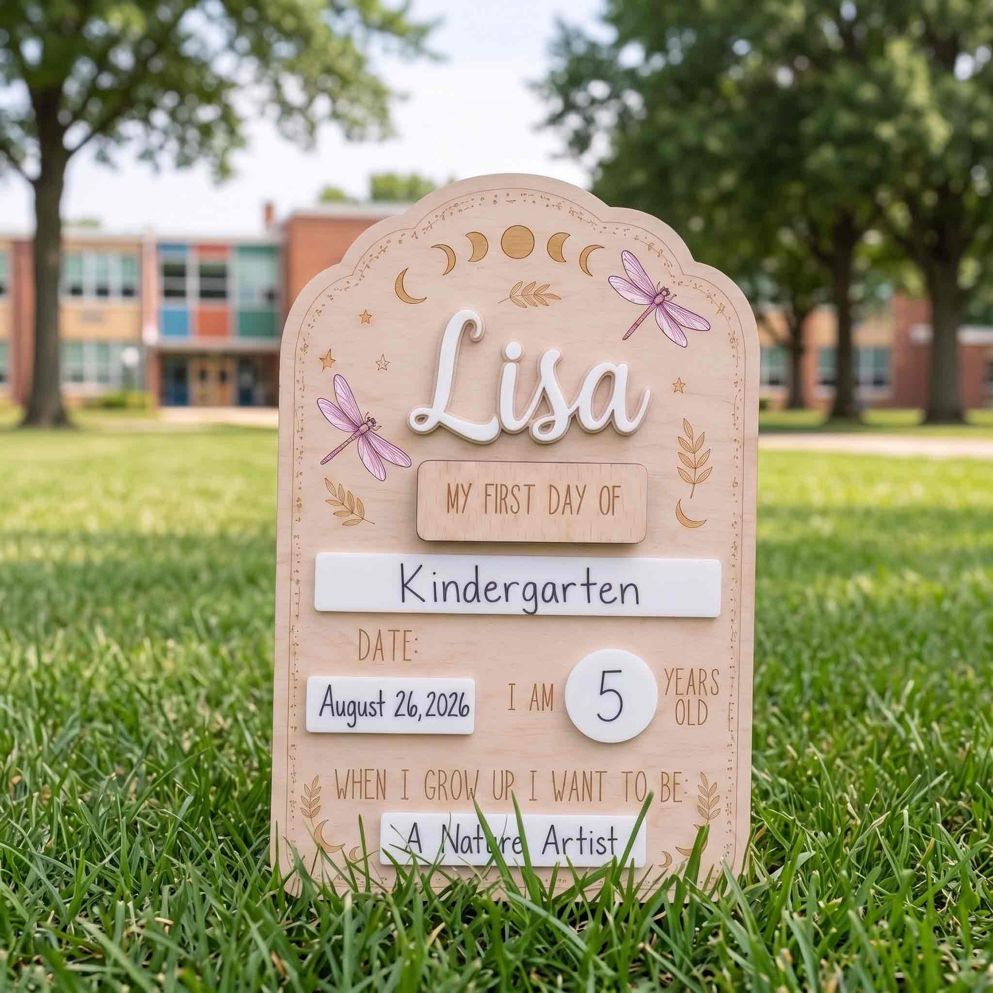 Personalized Moon Phase Dragonfly First & Last Day School Board, Reusable Dry Erase Board, Back to School Sign