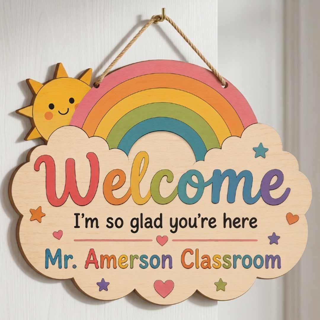 Personalized Teacher Name Wooden Sign Door Hanger I'm So Glad You're Here Wooden Classroom Decor, Back to School Sign