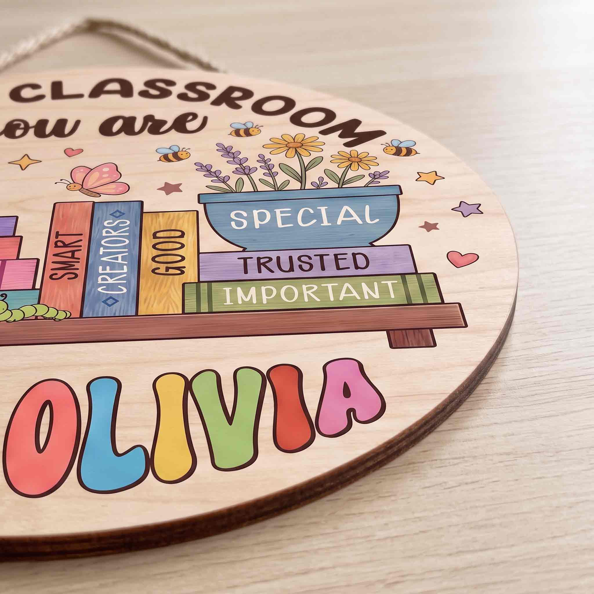 Personalized In This Classroom You Are Welcome Sign, Custom Teacher Classroom Door Decor with Inspirational Book Stack Wooden School Sign