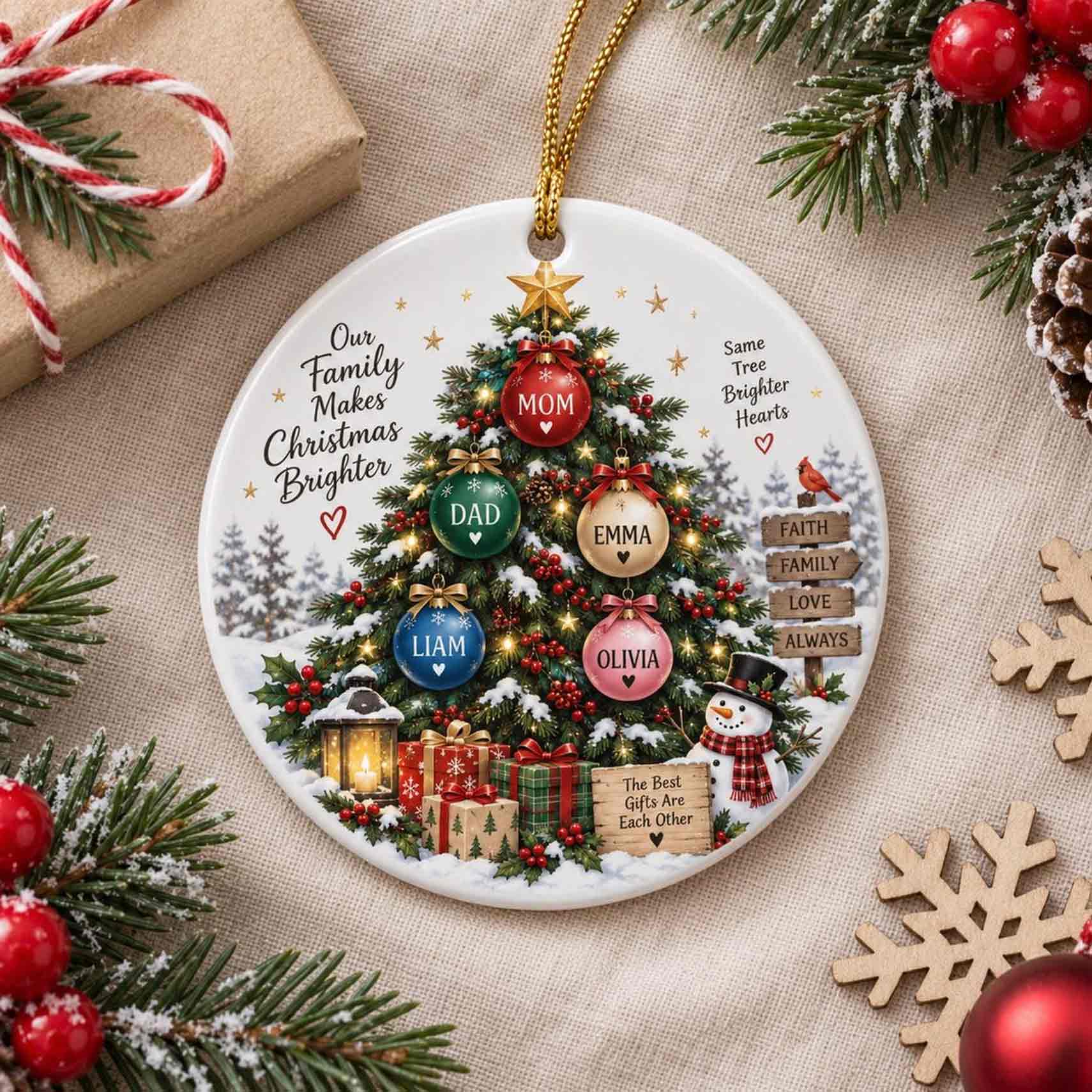 Our Family Makes Christmas Brighter Custom Name Family Ceramic Round Ornament