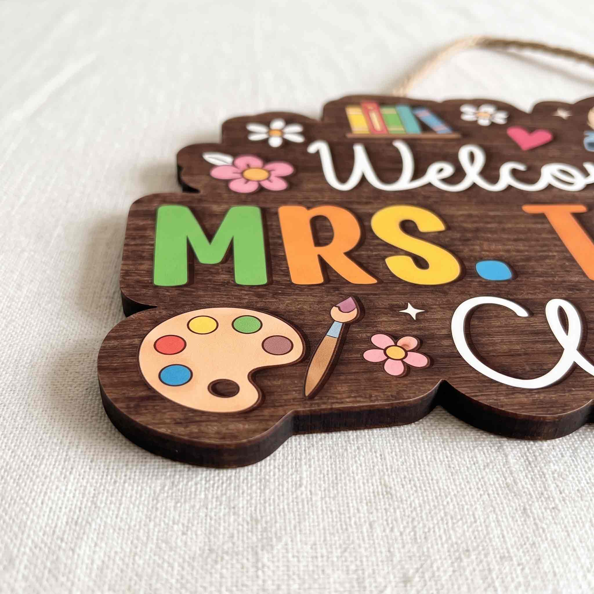 Personalized Colorful Teacher Classroom Welcome Wooden Sign, Custom Teacher Name Door Hanger Decor