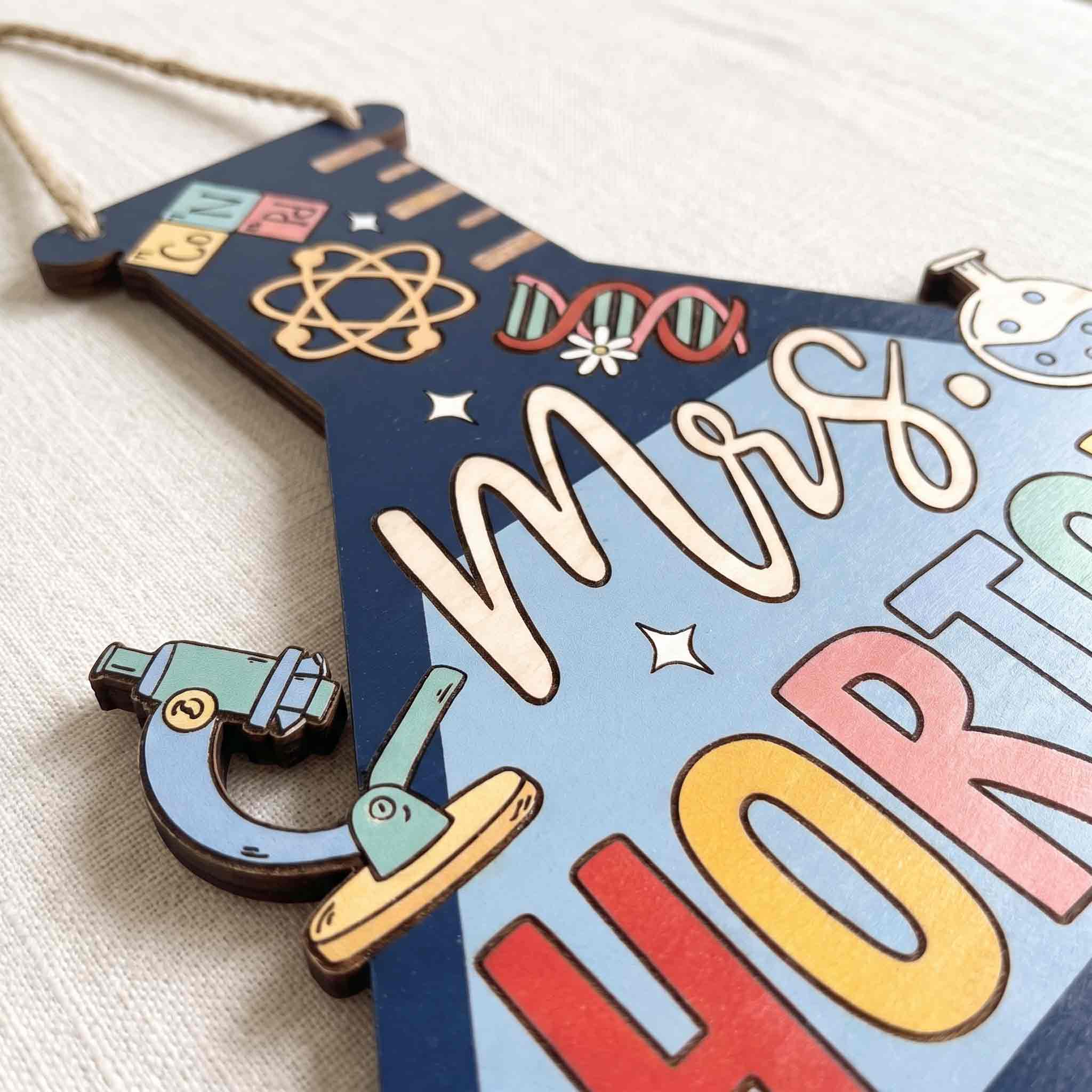 Personalized Chemistry Teacher Wooden School Sign, Custom Science Classroom Door Hanger, Teacher Name Classroom Decor