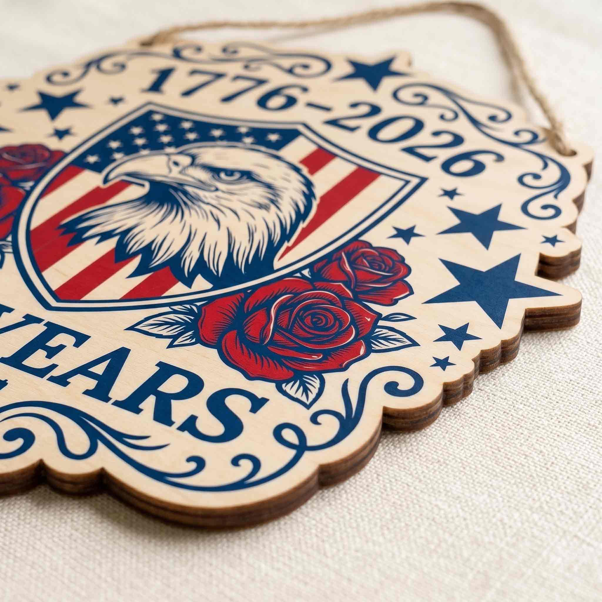 America 250 Years Freedom Celebration Wooden Sign With Bald Eagle