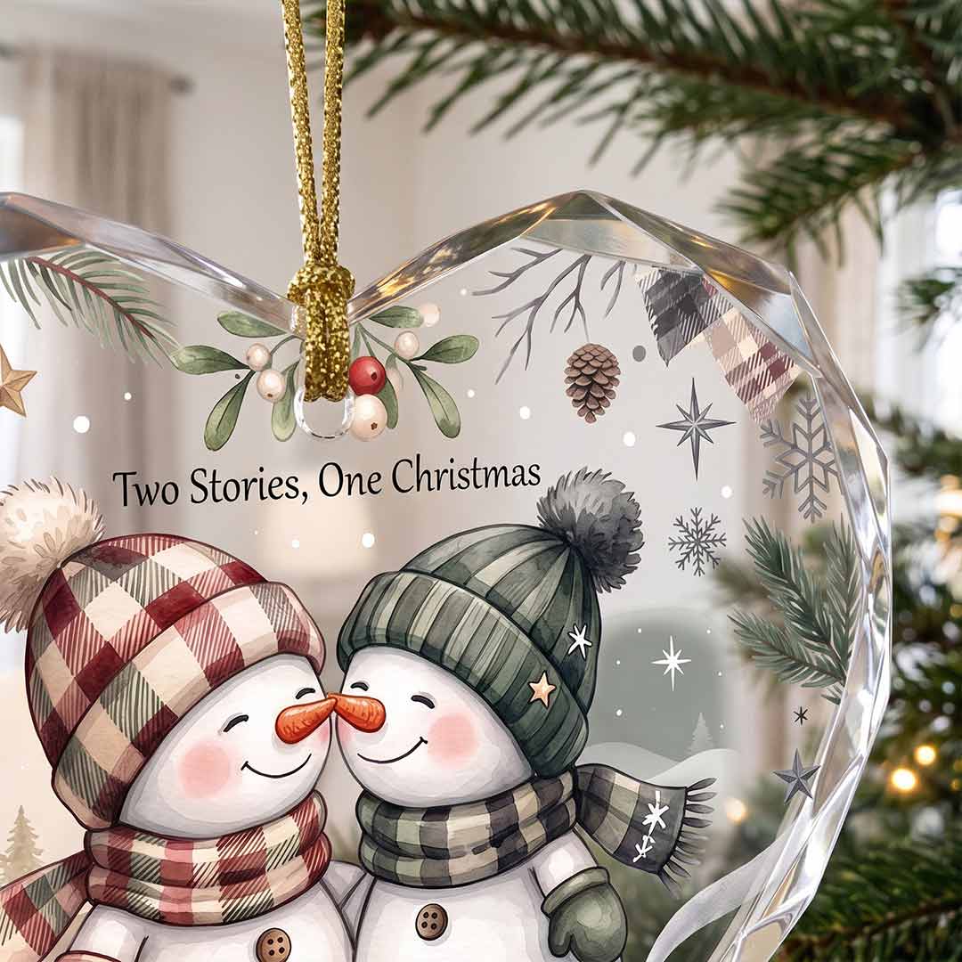 Two Stories One Christmas Snowman Couple Personalized Couple Custom Name Date Christmas Gift Heart Glass Christmas Ornament