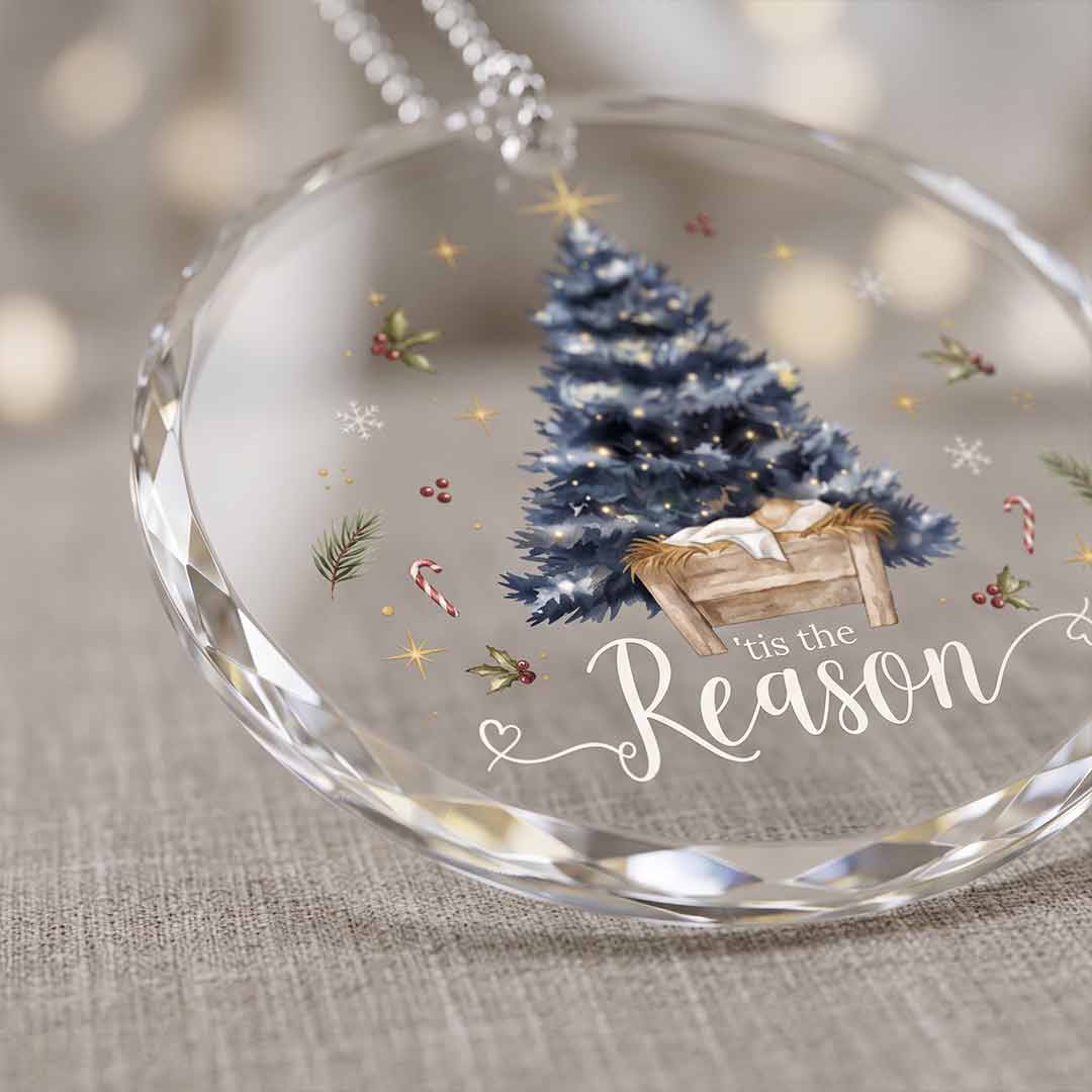 Tis The Reason Nativity Baby Manger Blue Christmas Tree Nativity Round Glass Christmas Ornament