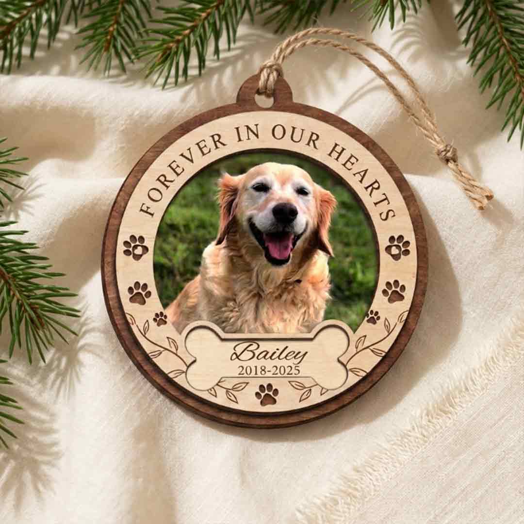Forever In Our Hearts Memorial Personalized Custom Name Date Photo Dog 2-Layer Wooden Christmas Ornament for Pet Loss Remembrance Gift
