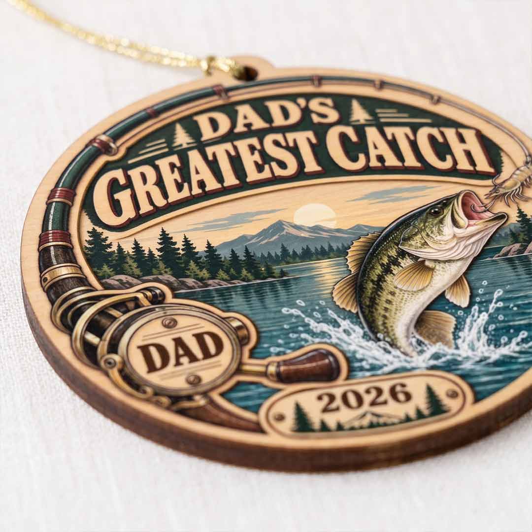Fishing Dad Greatest Catch Father Fisherman Keepsake Fishing 1-Layer Wooden Christmas Ornament for Dad Gift