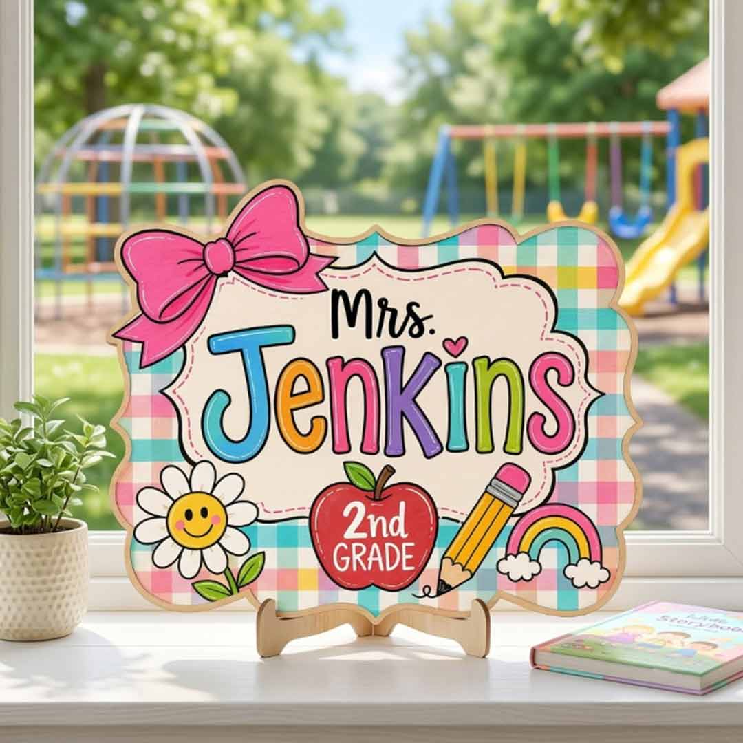 Personalized Teacher Name Wooden Sign Door Hanger Playful Welcome Classroom Sign Wooden Classroom Decor, Back to School Sign
