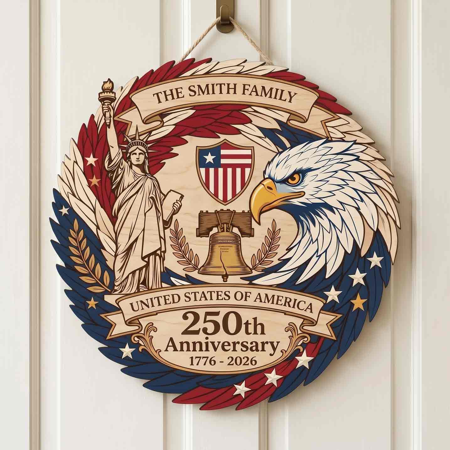 Personalized America 250th Anniversary Wooden Sign With Family Name Eagle and Liberty Decor