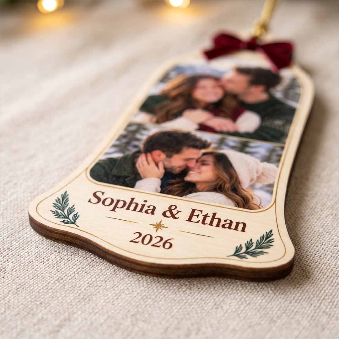 Christmas Bell with Bow Couple 2026 Holiday Keepsake Personalized Custom Name Date Photo Couple 1-Layer Wooden Christmas Ornament for Couples Gift