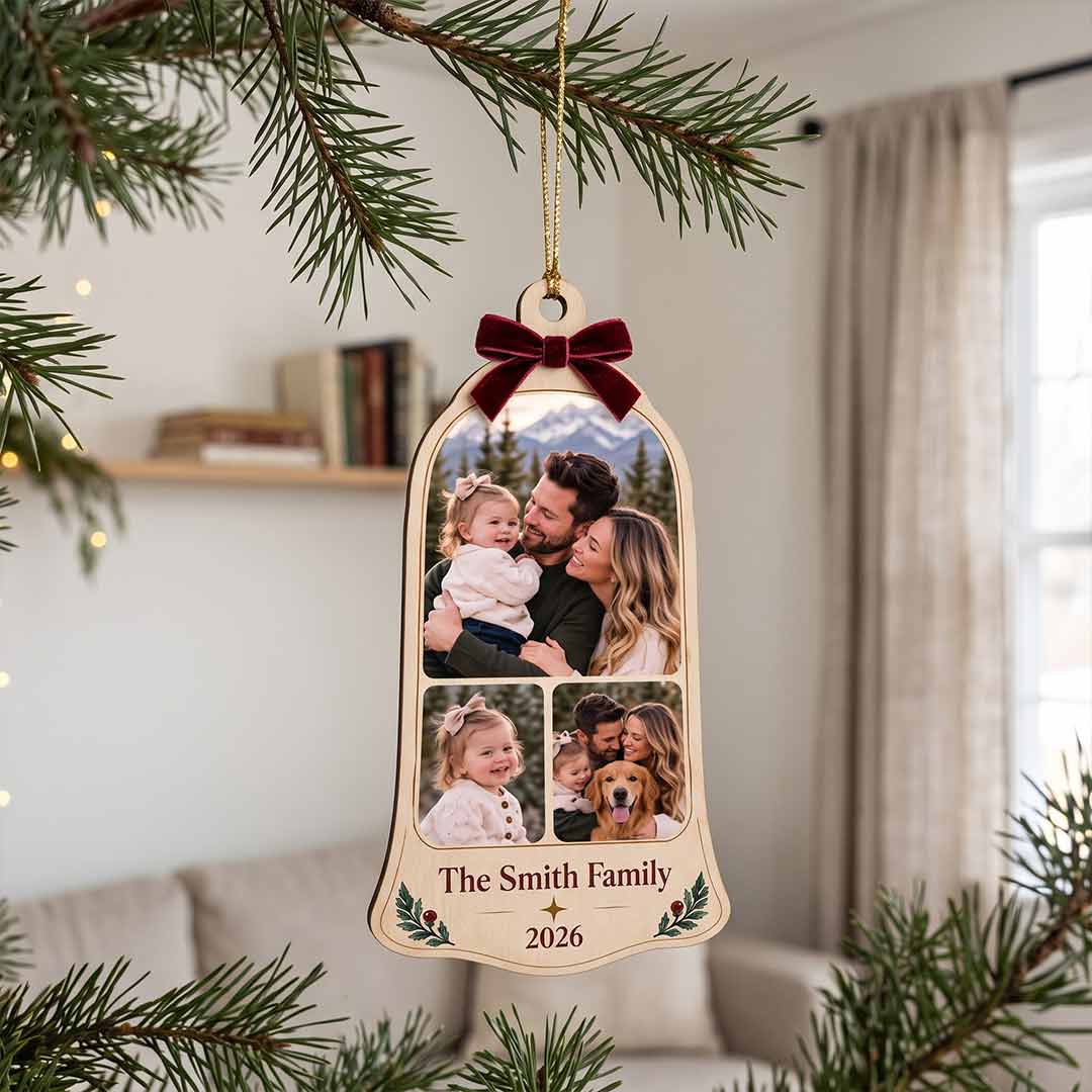 Family Christmas Photo Collage Holiday Keepsake Personalized Custom Name Date Photo Family 1-Layer Wooden Christmas Ornament for Family Members Gift