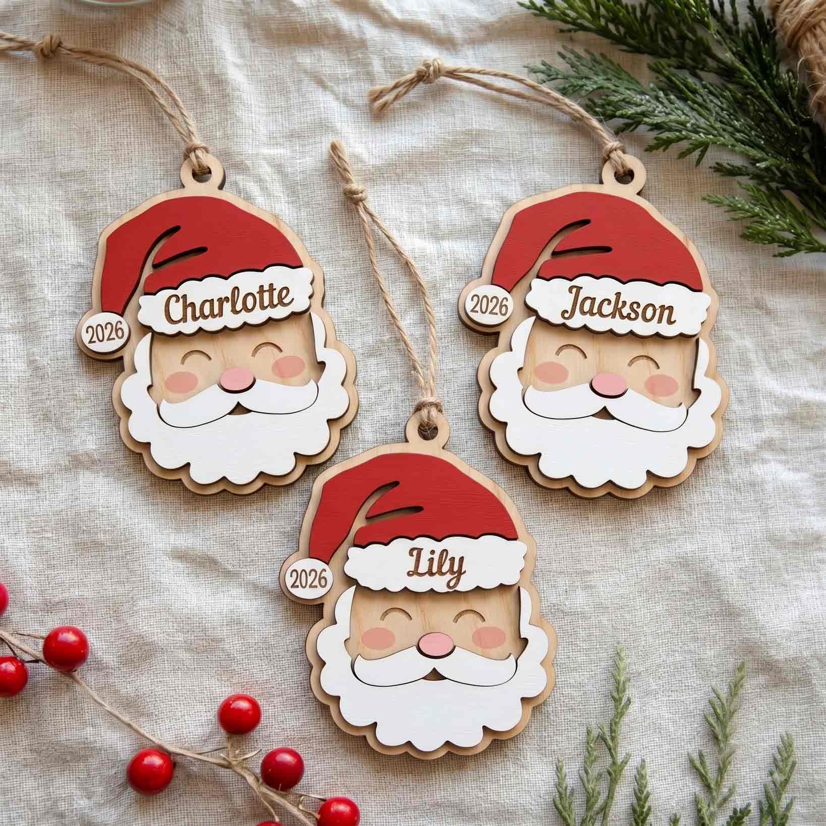 Santa Face Christmas Personalized Custom Name Date 2-Layer Wooden Christmas Ornament Christmas Gift