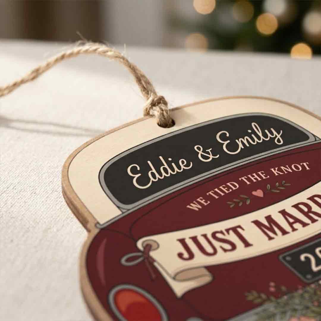 Just Married Wedding Car Newlywed Keepsake Personalized Custom Name Date First Wedding 1-Layer Wooden Christmas Ornament for Newlyweds