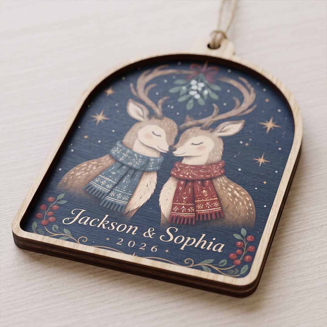 Mistletoe Reindeer Couple Christmas Personalized Custom Name Date Couple 2-Layer Wooden Christmas Ornament Romantic Christmas Gift for Couples
