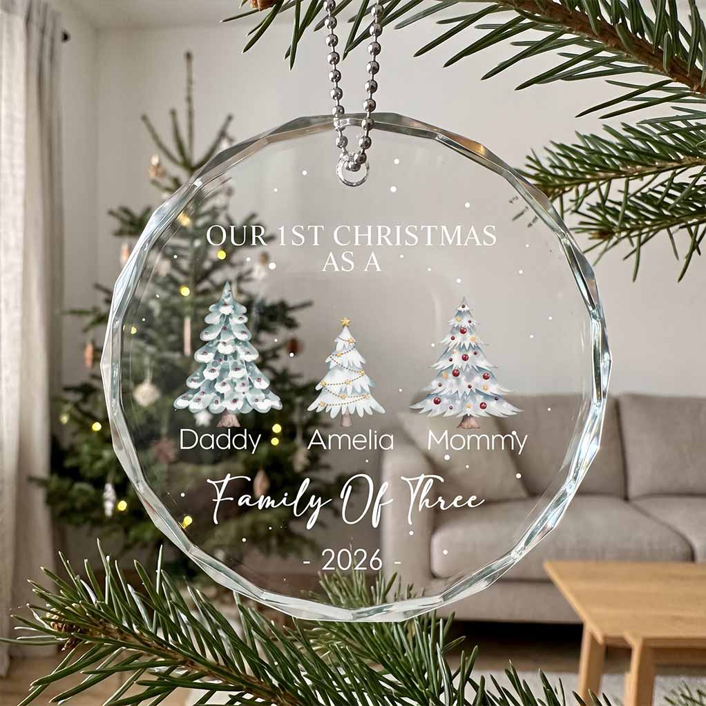 Our First Christmas as a Family of Two, Three, Four Holiday Keepsake Personalized Custom Name Date Newborn Round Glass Christmas Ornament