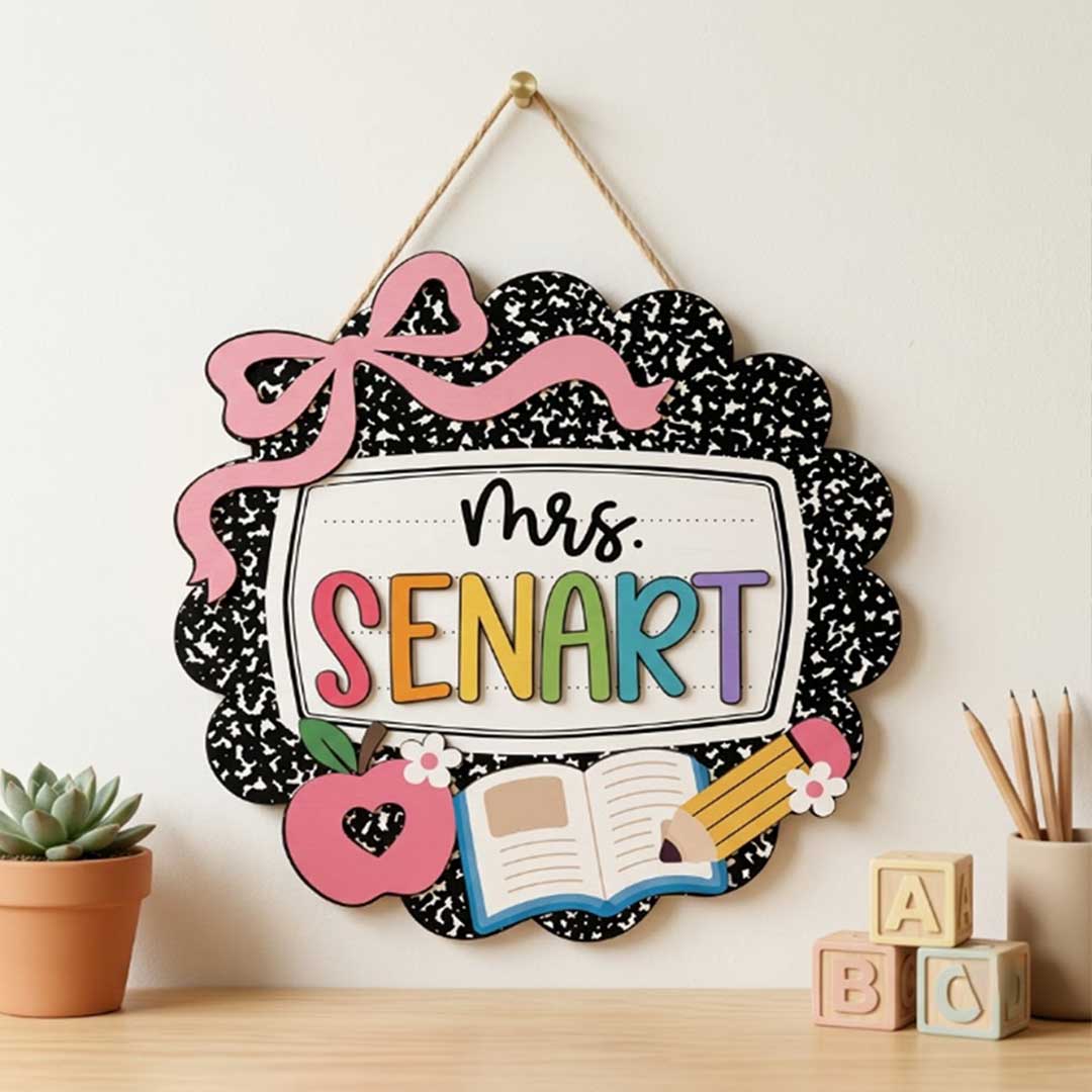 Personalized Teacher Name Wooden Sign Door Hanger Adorable Welcome Back Class With Bow Wooden Classroom Decor, Back to School Sign