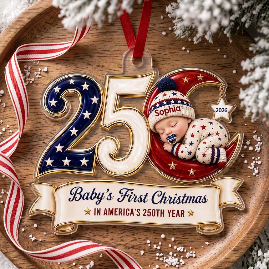 250 Moon Sleeping Baby America's 250th Year Custom Name Baby's First Christmas Acrylic Christmas Ornament Patriotic