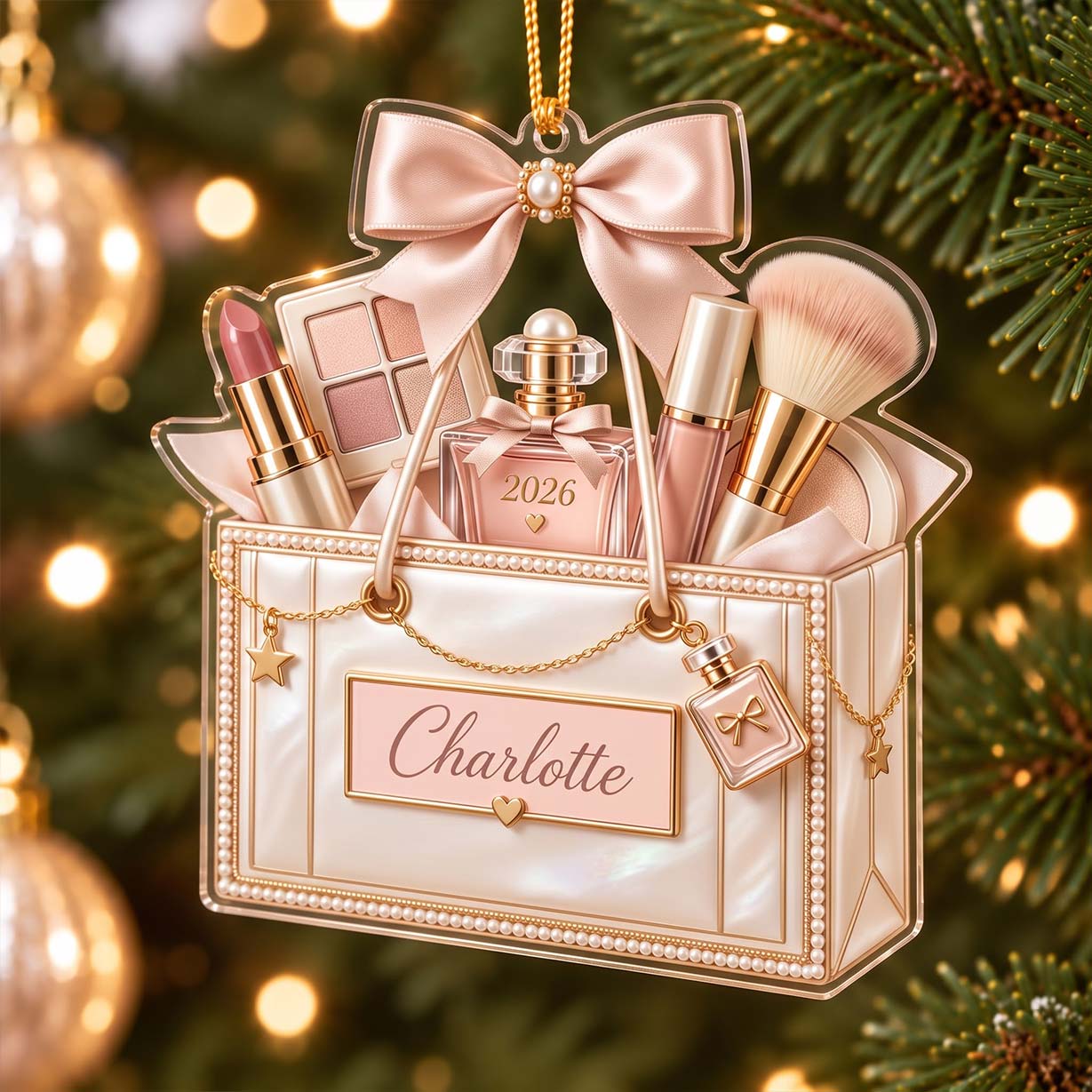 Pearl Makeup Tote Perfume Brush Custom Name Date Acrylic Christmas Ornament Beauty Artist Christmas Tree Decor Gift