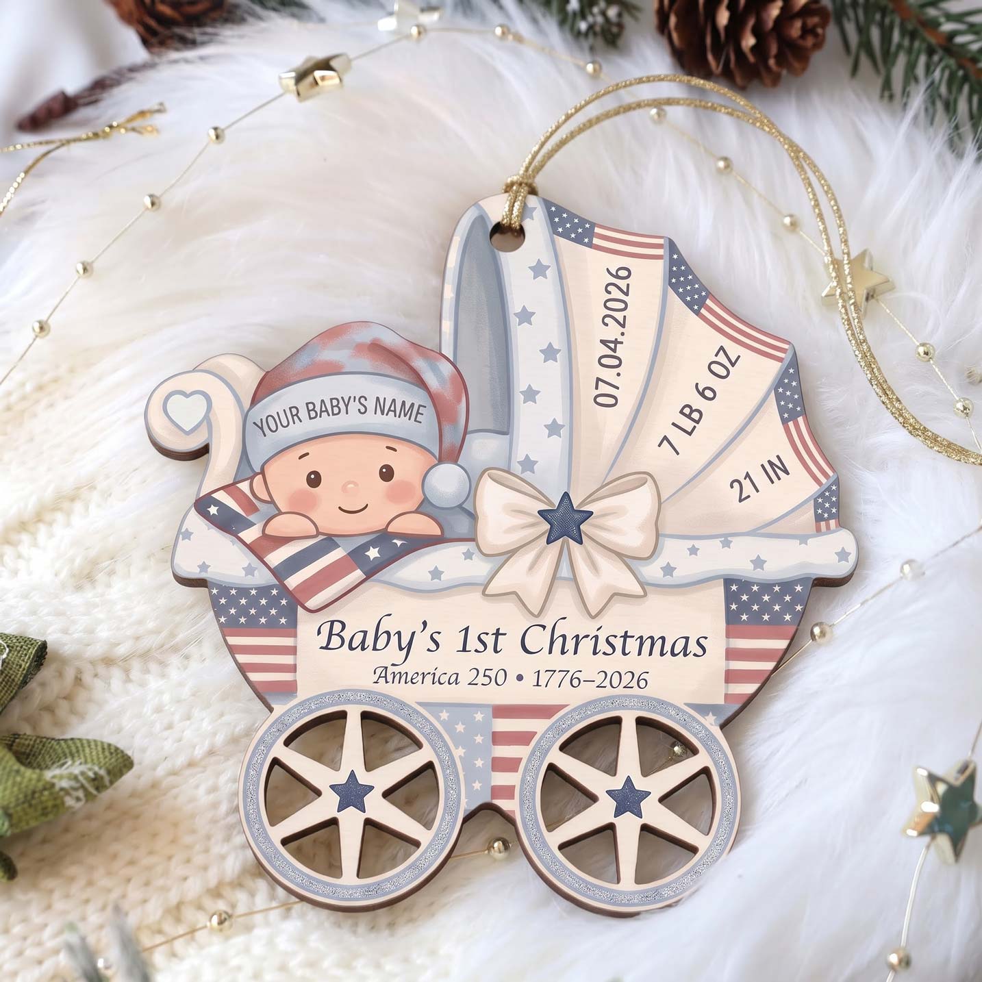 Baby's 1st Christmas America's 250th Year Baby Carriage Custom Name Date Weight Length Baby's First Christmas Wooden Ornament