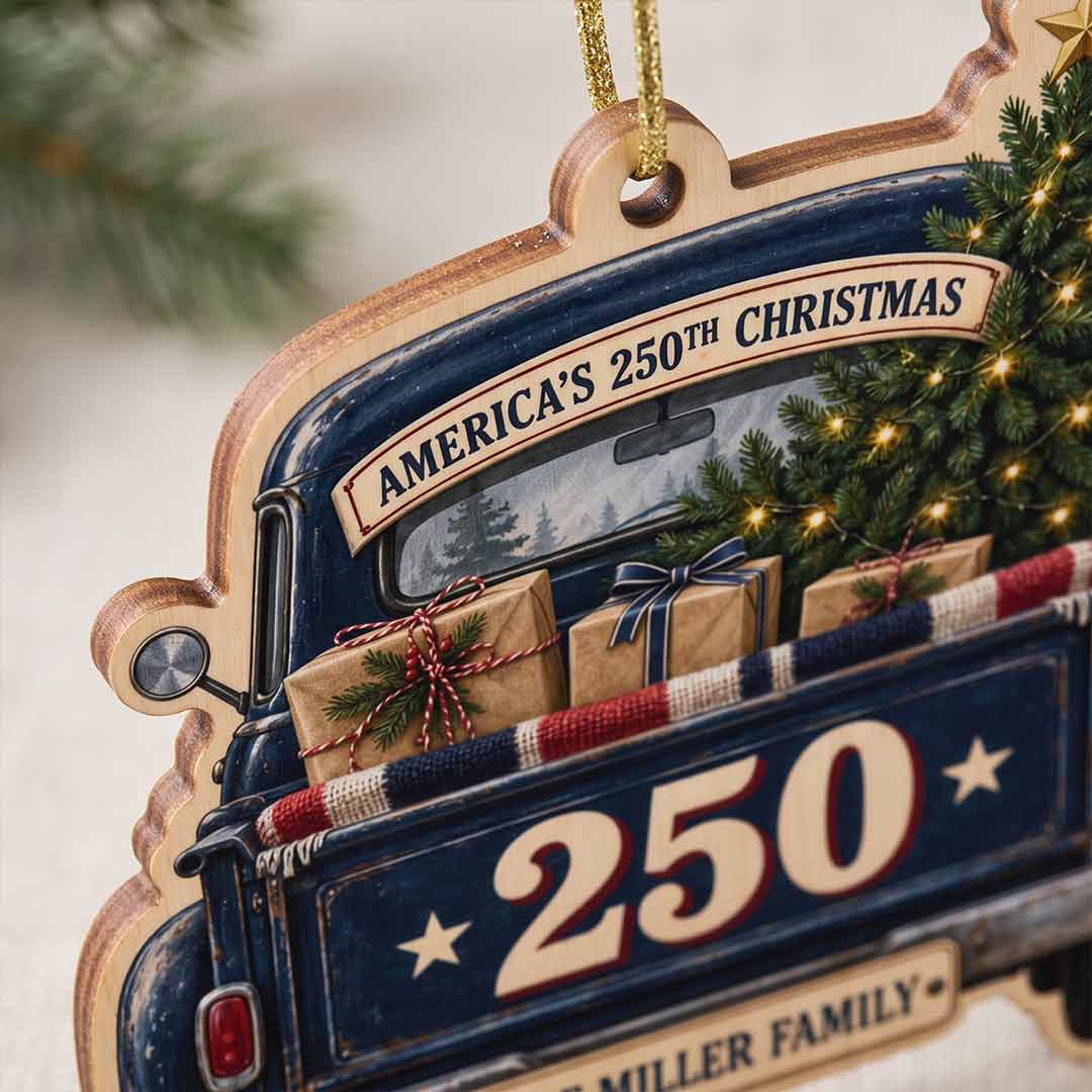 America's 250th Vintage Christmas Truck Patriotic Holiday Keepsake Personalized Custom Name Patriotic 1-Layer Wooden Christmas Ornament for American Pride
