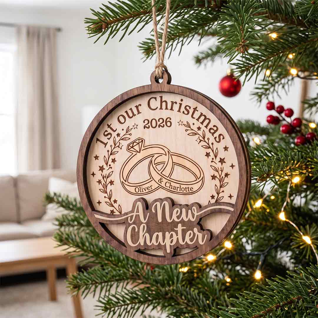 Our New Chapter Wedding Rings Personalized Custom Name Date First Wedding 2-Layer Wooden Christmas Ornament for Newlyweds Wedding Gift
